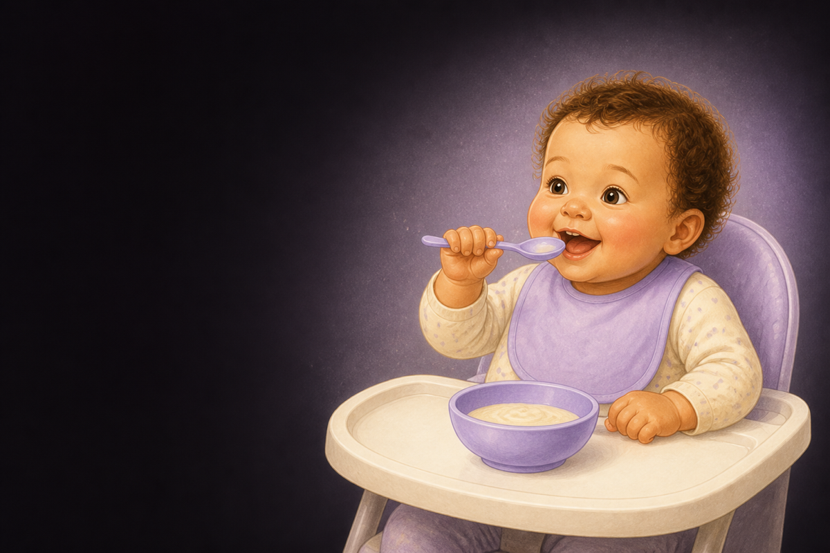 Illustration of a six-month-old baby exploring food with a spoon