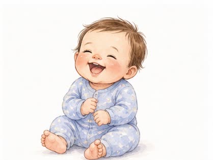 Watercolor illustration of a six-month-old baby laughing