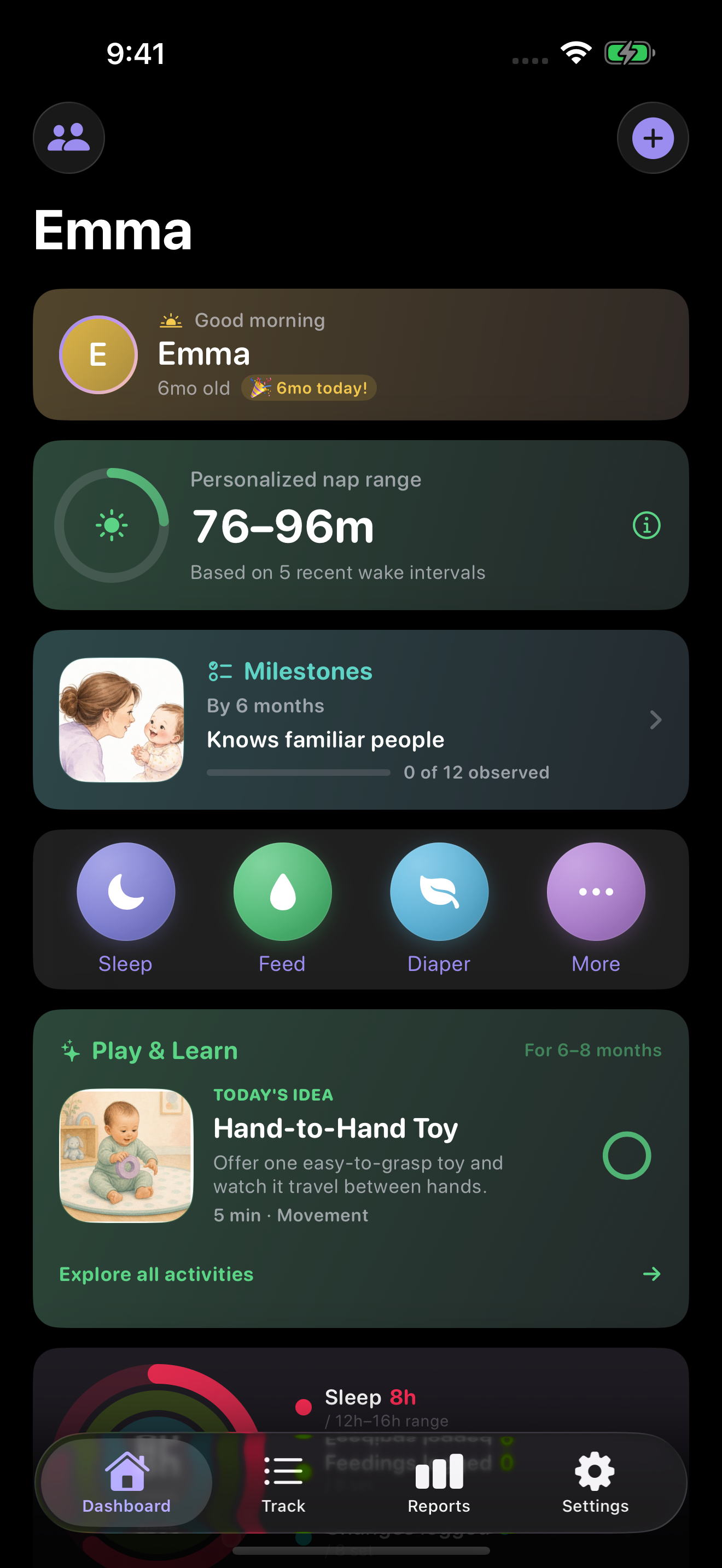 Lullalog dashboard with Milestones and Play and Learn cards