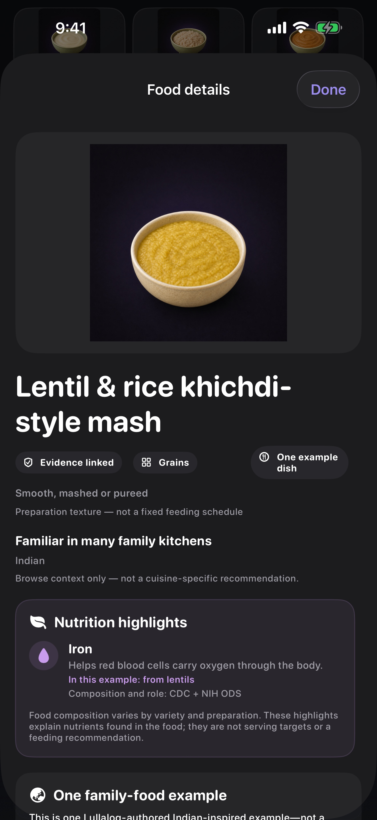 Lullalog nutrition highlights and family-food context for a khichdi-style mash