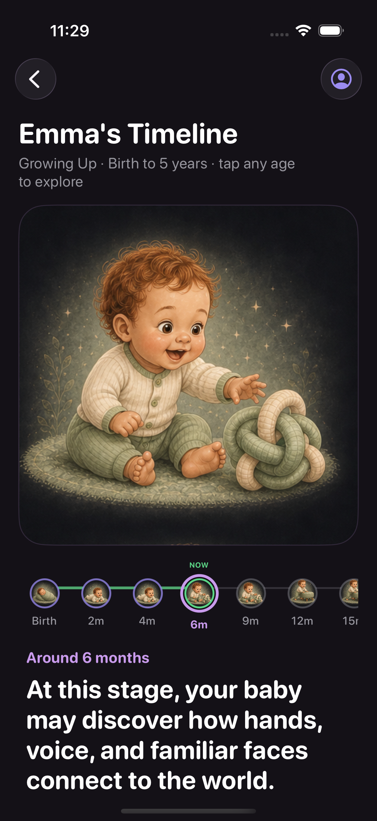 Lullalog Growing Up timeline connecting age stages with play ideas and milestones