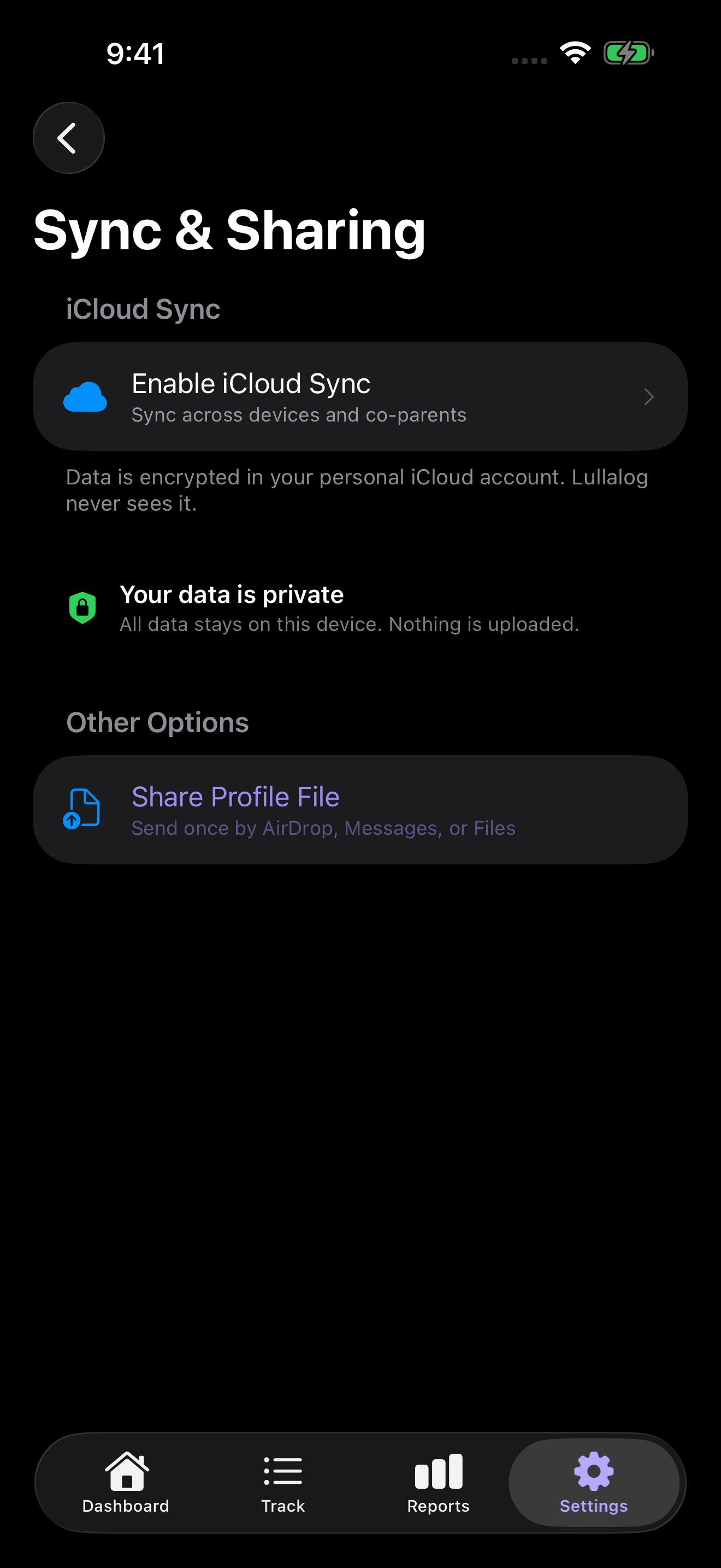 Lullalog iCloud sync and sharing settings