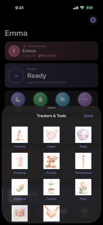 Lullalog Track screen with sleep, feeding and everyday care tools
